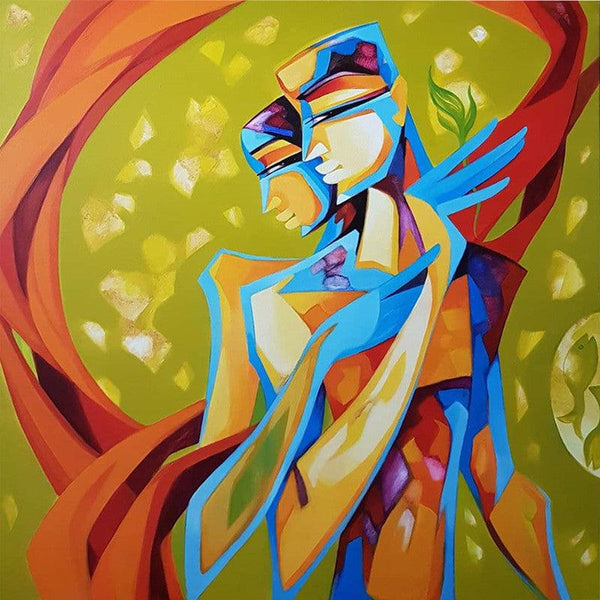 Figurative acrylic painting titled 'Divine Bond', 36x36 inches, by artist Laxmi Mysore on Canvas