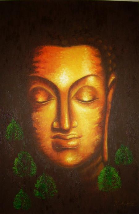 Portrait oil painting titled 'Divine Buddha', 24x36 inches, by artist Madhumita Bhattacharya on Canvas