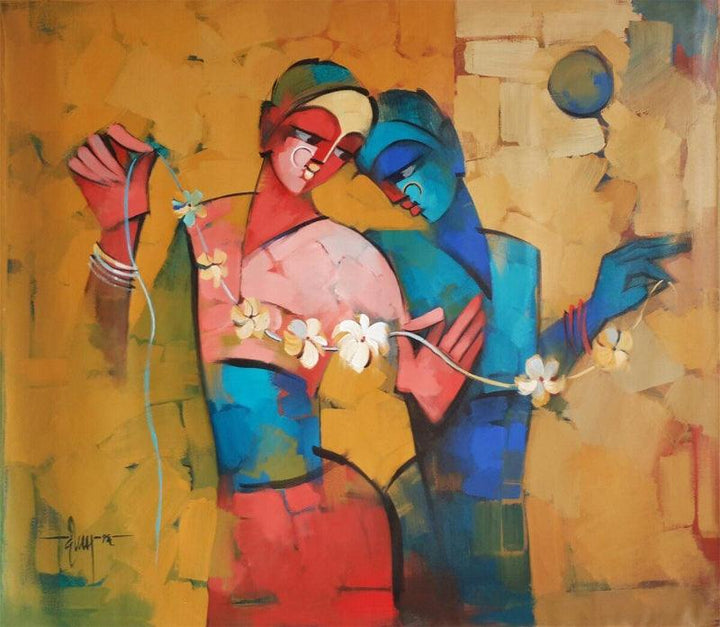 Figurative acrylic painting titled 'Divine Couple 1', 40x47 inches, by artist Deepa Vedpathak on Canvas