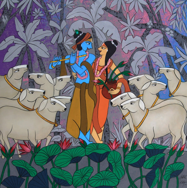 Religious acrylic painting titled 'Divine Couple', 36x36 inch, by artist Chetan Katigar on Canvas