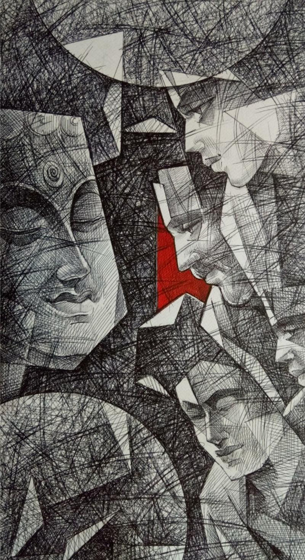 Figurative mixed media drawing titled 'Divine Feeling', 24x14 inches, by artist Ajay Kumar Samir on Acid Free Paper