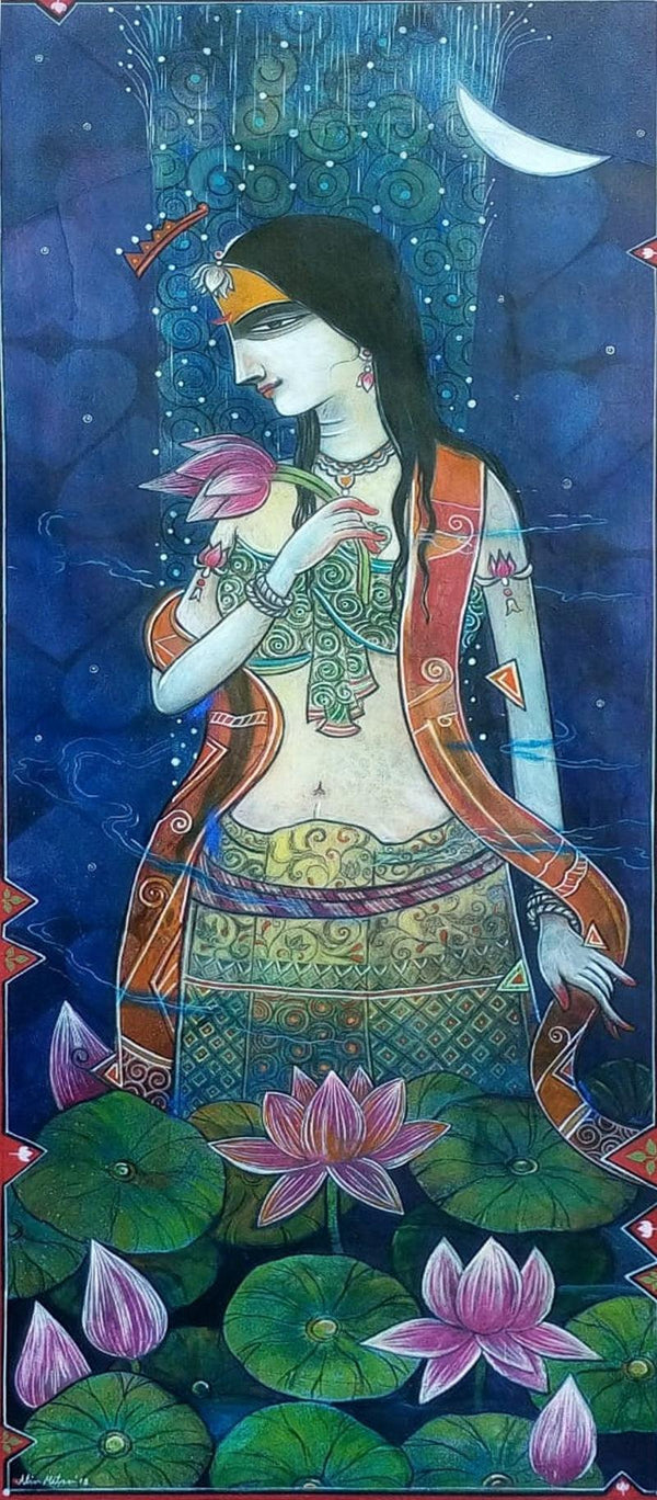 Figurative mixed media painting titled 'Divine Lady 1', 47x20 inches, by artist Atin Mitra on Canvas