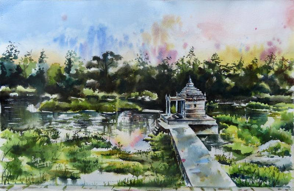 Landscape watercolor painting titled 'Divine Nature', 15x22 inches, by artist Lasya Upadhyaya on Paper