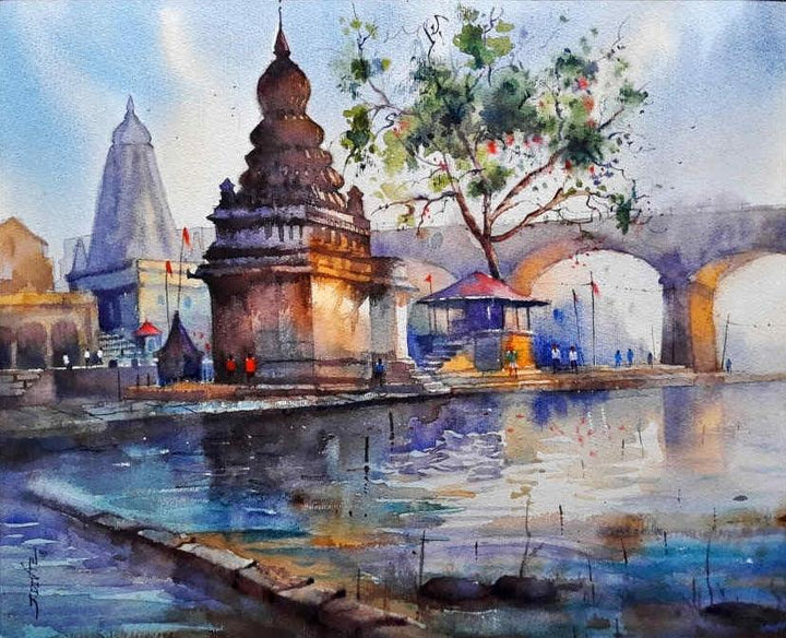 Religious watercolor painting titled 'Divine Path To Temple', 16x20 inches, by artist Jitendra Divte on Paper