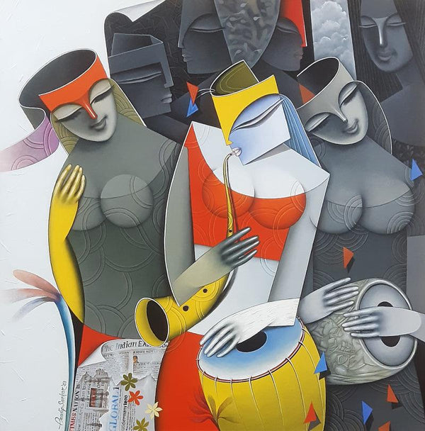 Figurative acrylic painting titled 'Divine Tunes 3', 36x36 inches, by artist Pradip Sarkar on Canvas