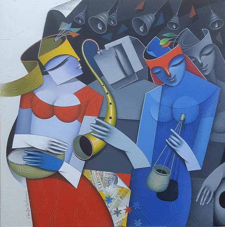 Figurative acrylic painting titled 'Divine Tunes 4', 36x36 inches, by artist Pradip Sarkar on Canvas