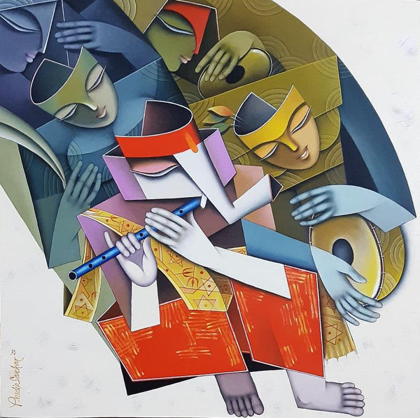 Religious acrylic painting titled 'Divine Tunes 6', 30x30 inches, by artist Pradip Sarkar on Canvas