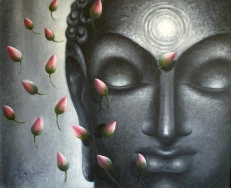 Portrait oil painting titled 'Divya Jyoti Buddha', 25x31 inches, by artist Madhumita Bhattacharya on Canvas