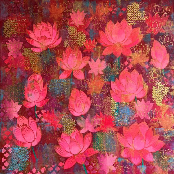 Nature acrylic painting titled 'Divya Padma Divine Lotus', 30x30 inches, by artist Amita Dand on canvas