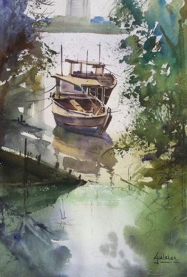 Seascape watercolor painting titled 'Docked Beauties', 18x13 inches, by artist Gulshan Achari on Paper