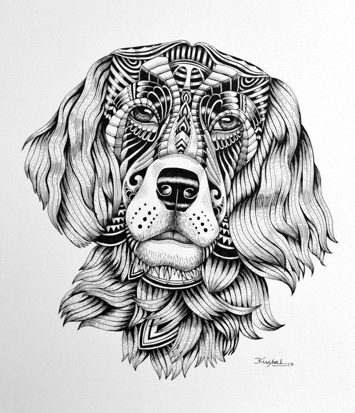 Animals pen drawing titled 'Dog', 15x11 inches, by artist Kushal Kumar on Paper