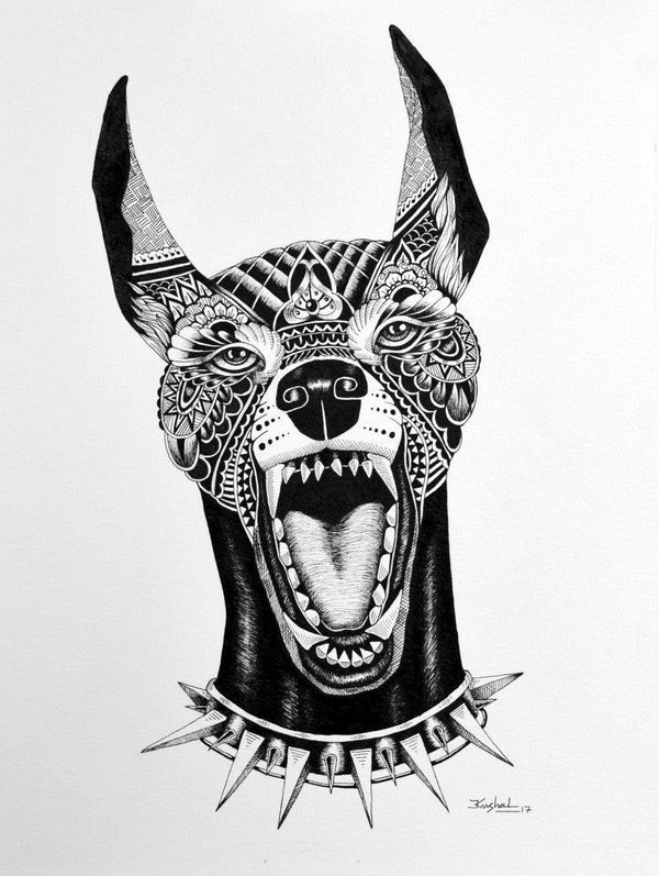 Animals pen drawing titled 'Dog Doberman', 15x11 inches, by artist Kushal Kumar on Paper