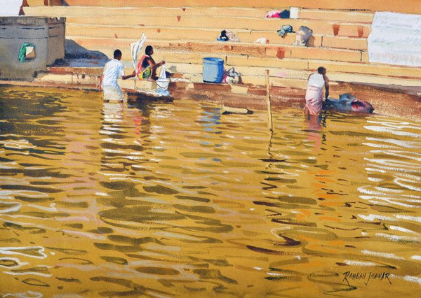 Figurative watercolor painting titled 'Doing The Laundry Varanasi', 12x16 inches, by artist Ramesh Jhawar on paper