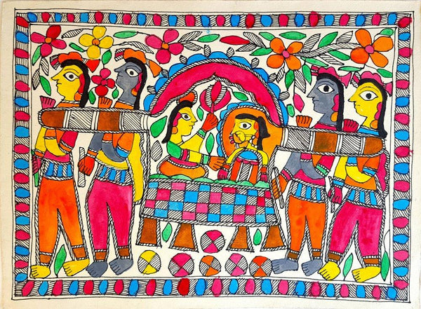 Folk Art madhubani traditional art titled 'Doli', 11x15 inches, by artist Laalo Devi on Handmade Paper