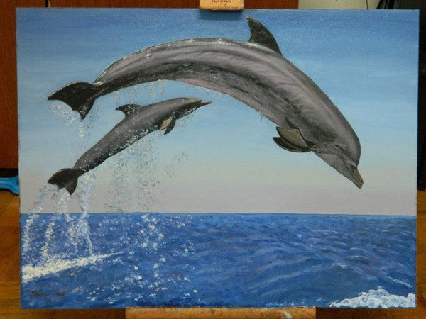 Animals oil painting titled 'Dolphins', 18x24 inches, by artist Madhuri Nag on Canvas Board