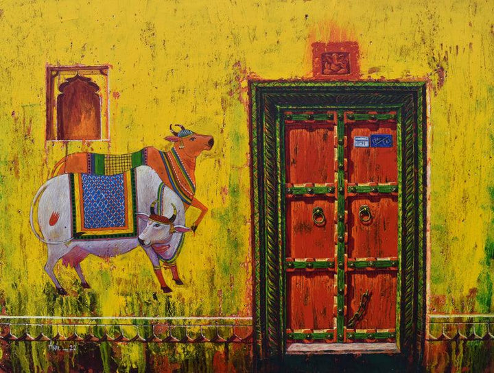 Religious acrylic painting titled 'Door 33', 36x48 inches, by artist Anil Kumar Yadav on Canvas