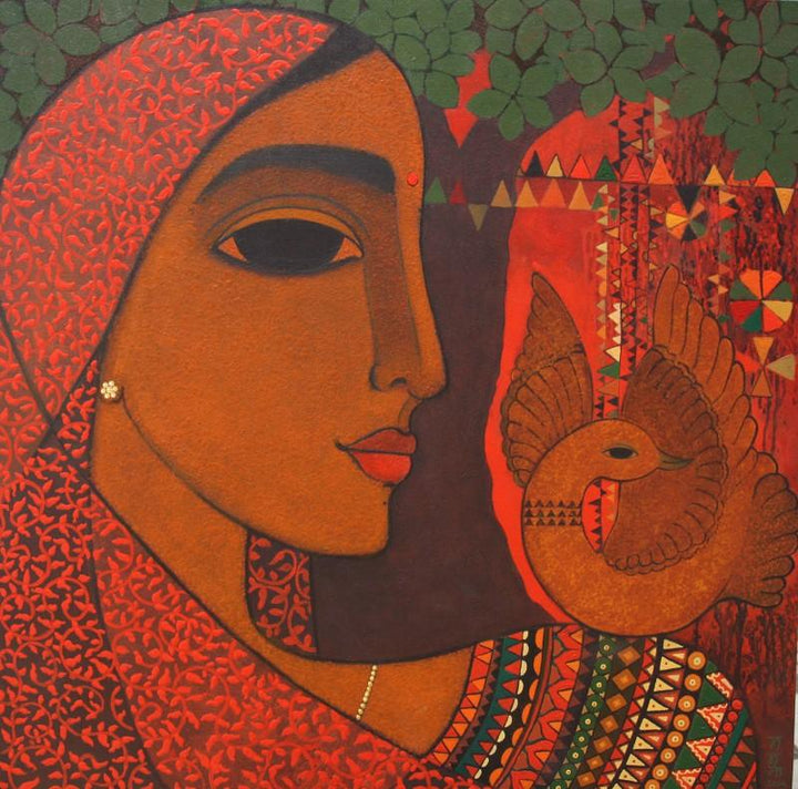 Figurative acrylic painting titled 'Dove', 36x36 inches, by artist Mamta Mondkar on Canvas