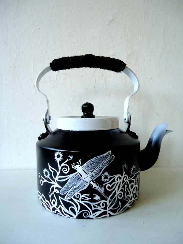 Lifestyle craft titled 'Dragonfly Tea Kettle', 9x9x7 inches, by artist Rithika Kumar on Aluminium