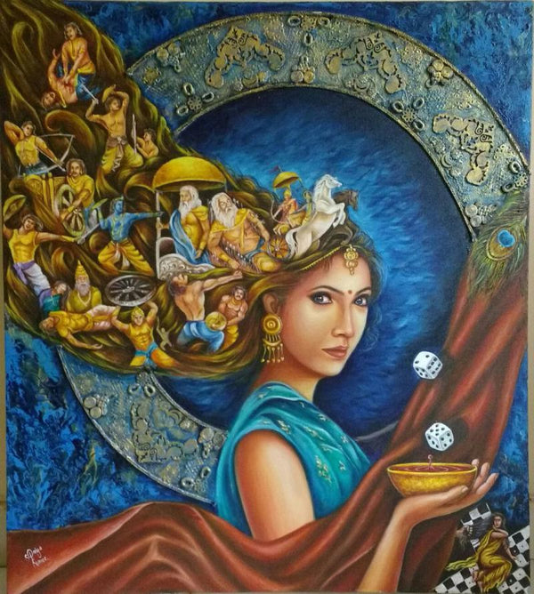 Surrealist acrylic painting titled 'draupadi', 32x36 inches, by artist Sonia Kumar on Canvas