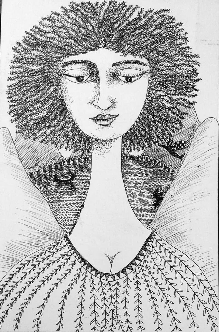 Figurative pen ink drawing titled 'Drawing Iii', 14x9 inches, by artist Sambuddha Gupta on Paper