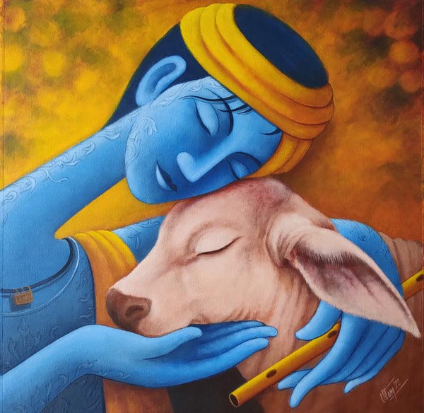 Religious acrylic painting titled 'Dream Bond', 30x30 inches, by artist Uttam Bhattacharya on Canvas