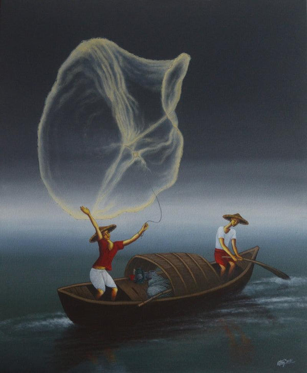 Figurative acrylic painting titled 'Dream Catcher', 36x30 inches, by artist Uttam Bhattacharya on Canvas