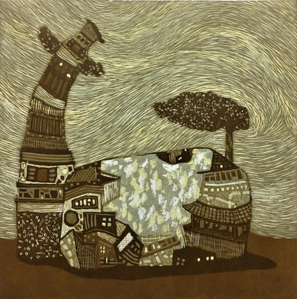 Landscape printmaking titled 'Dream City 1', 12x12 inches, by artist Payal Rokade on Wood Cut