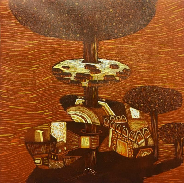 Landscape printmaking titled 'Dream City 10', 12x12 inches, by artist Payal Rokade on Wood Cut