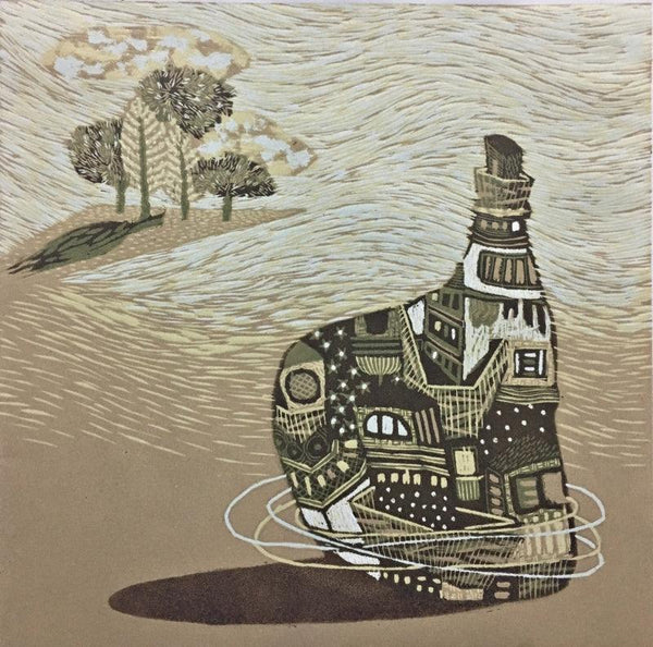 Landscape printmaking titled 'Dream City 11', 12x12 inches, by artist Payal Rokade on Wood Cut