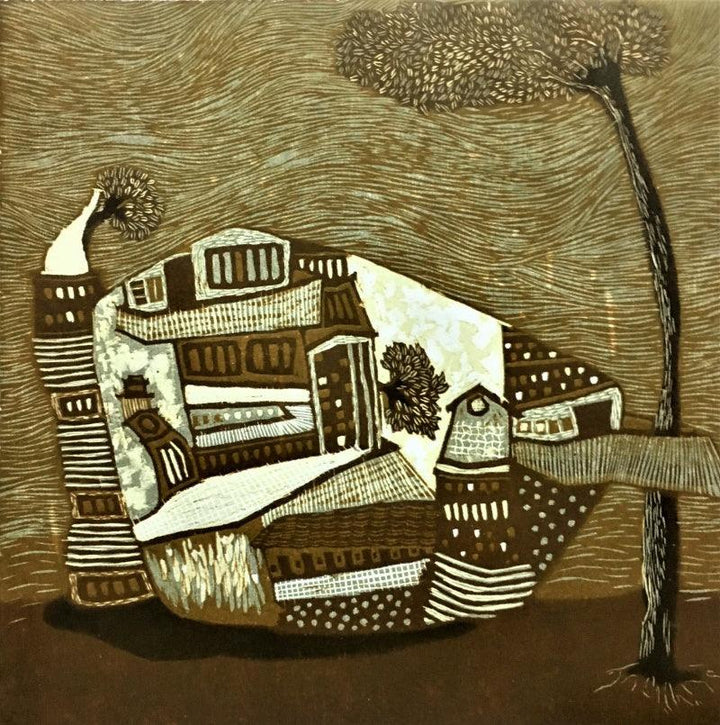 Landscape printmaking titled 'Dream City 12', 12x12 inches, by artist Payal Rokade on Wood Cut