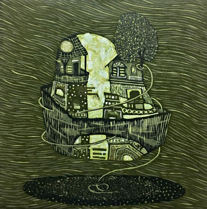 Landscape printmaking titled 'Dream City 2', 12x12 inches, by artist Payal Rokade on Wood Cut