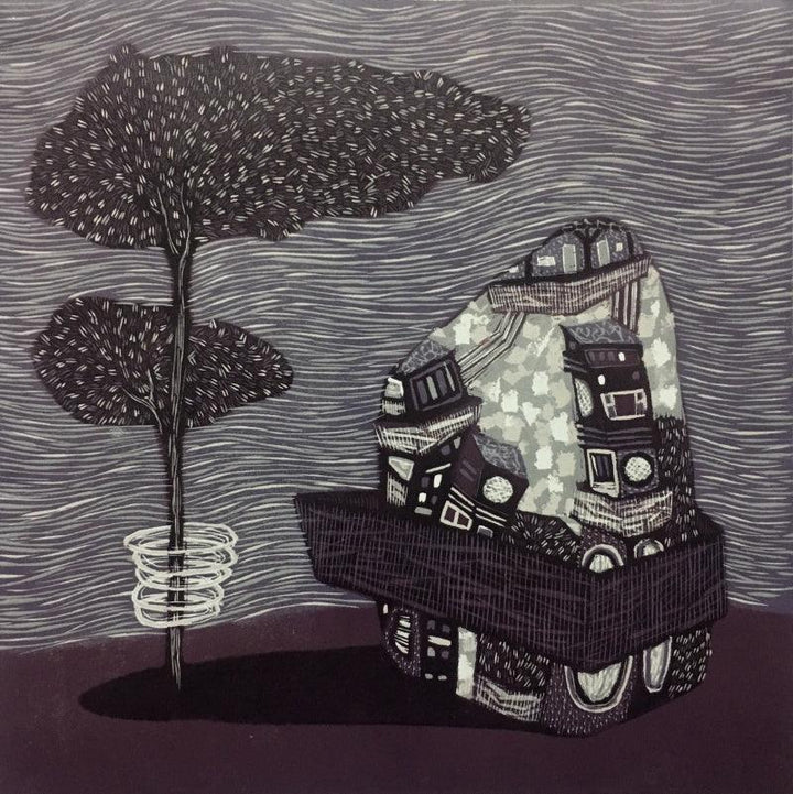 Landscape printmaking titled 'Dream City 3', 12x12 inches, by artist Payal Rokade on Wood Cut