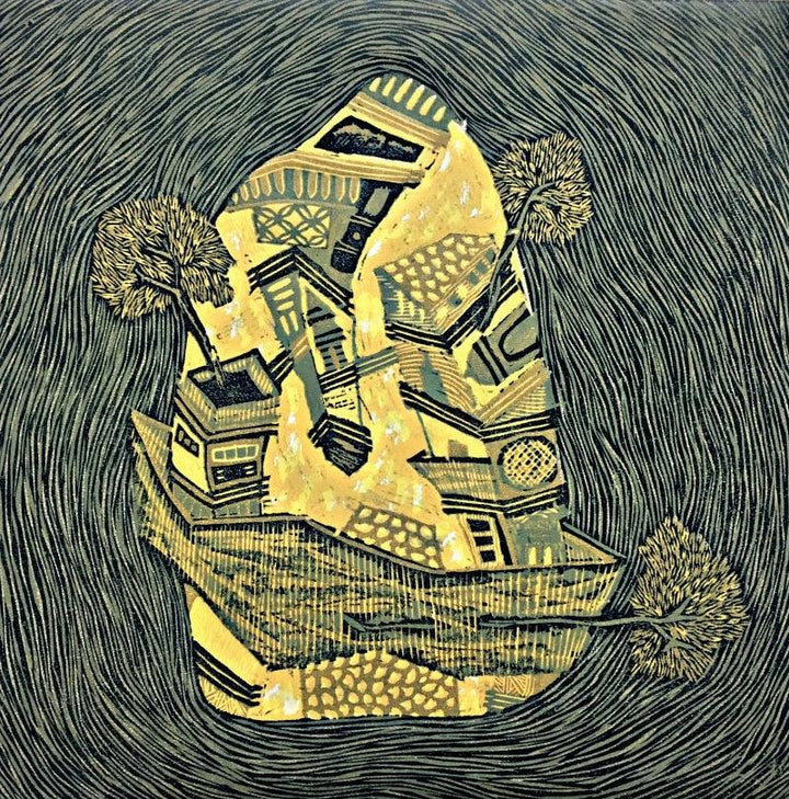 Landscape printmaking titled 'Dream City 4', 12x12 inches, by artist Payal Rokade on Wood Cut