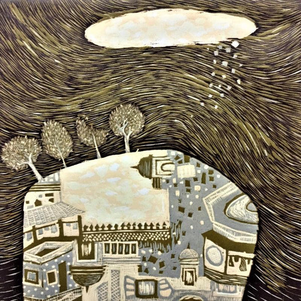 Landscape printmaking titled 'Dream City 5', 12x12 inches, by artist Payal Rokade on Wood Cut