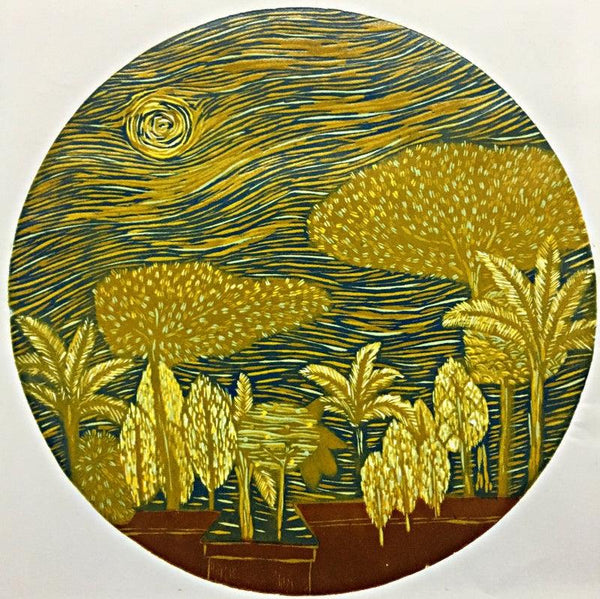 Nature printmaking titled 'Dream City 6', 12x12 inches, by artist Payal Rokade on Wood Cut