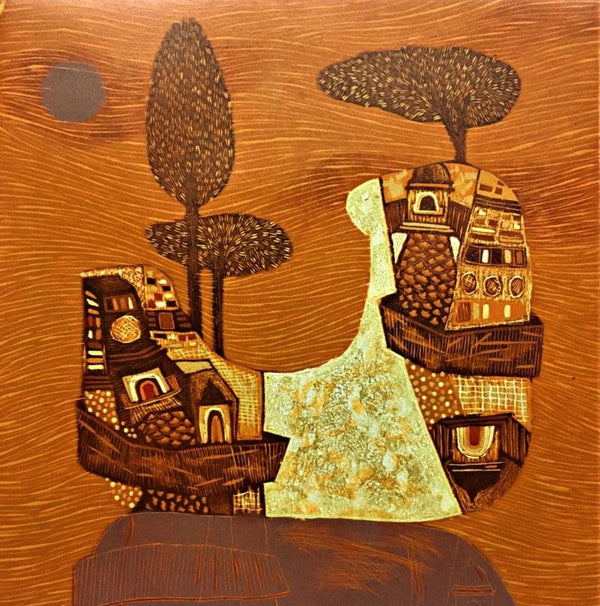 Landscape printmaking titled 'Dream City 7', 12x12 inches, by artist Payal Rokade on Wood Cut