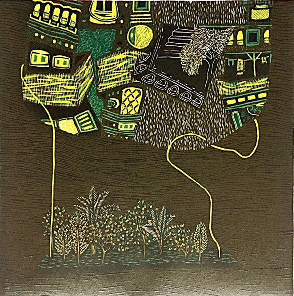 Landscape printmaking titled 'Dream City 8', 12x12 inches, by artist Payal Rokade on Wood Cut