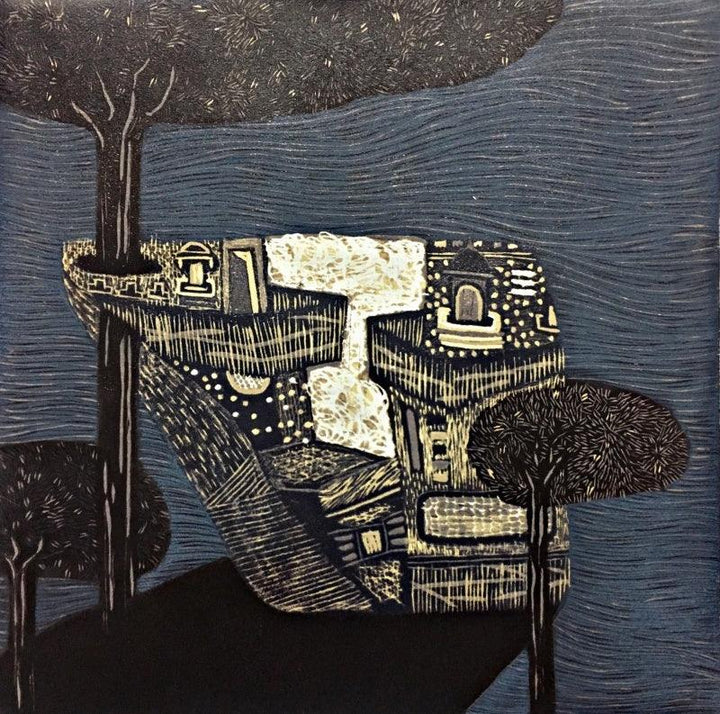 Landscape printmaking titled 'Dream City 9', 12x12 inches, by artist Payal Rokade on Wood Cut