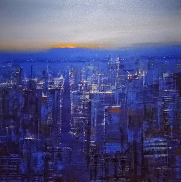 Abstract acrylic painting titled 'Dream City', 48x48 inches, by artist Bhaskar Mandolu on Canvas