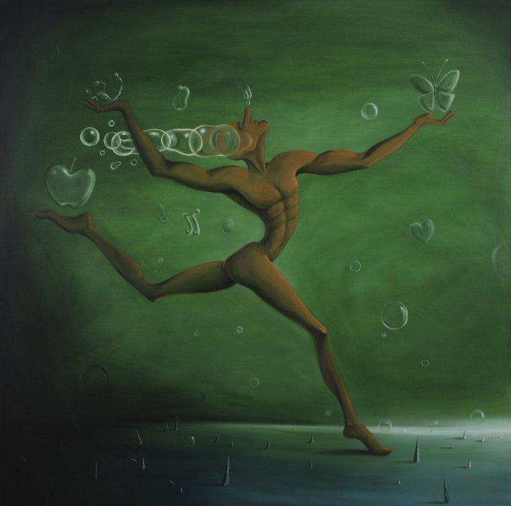 Surrealist oil painting titled 'Dream Defender', 48x48 inches, by artist Dewakar Chandran on Canvas Board