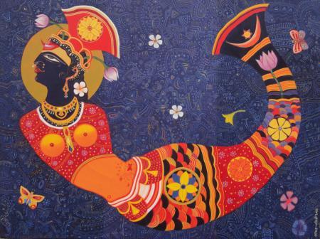 Figurative acrylic painting titled 'Dream girl 1', 30x40 inches, by artist Bhaskar Lahiri on Canvas