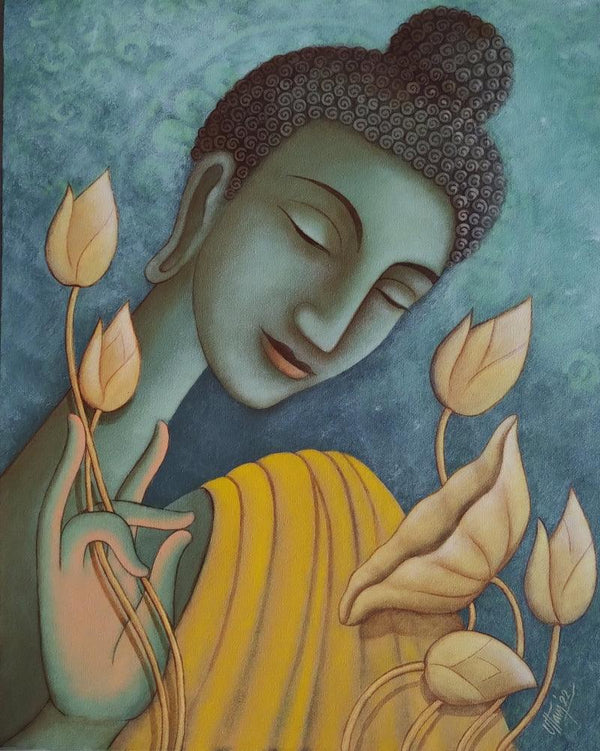 Religious acrylic painting titled 'Dream God', 30x24 inches, by artist Uttam Bhattacharya on Canvas