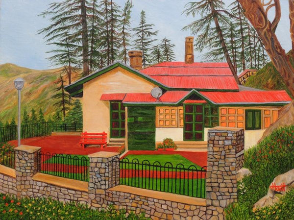 Landscape oil painting titled 'Dream House In Shimla', 40x30 inches, by artist Ajay Harit on Canvas