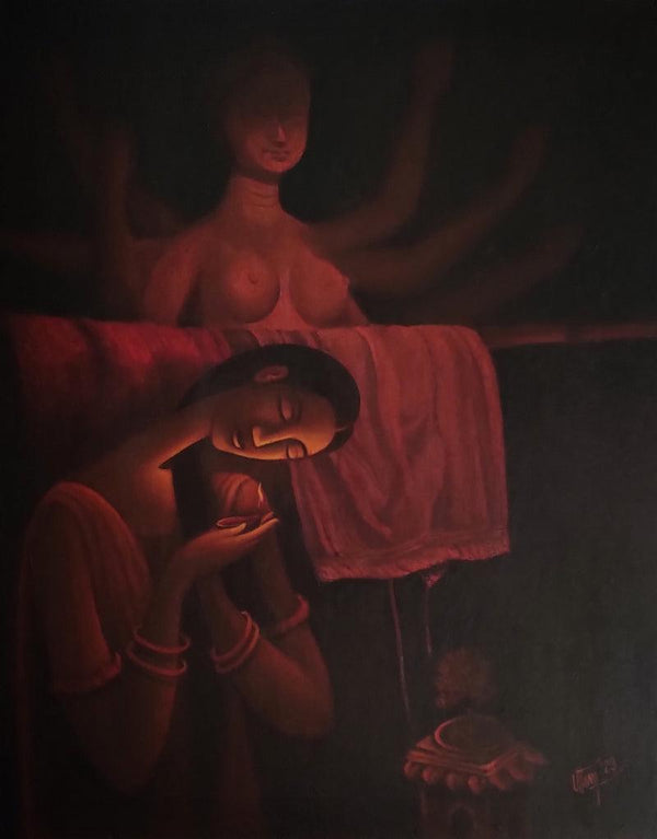 Religious mixed media painting titled 'Dream Light', 30x24 inches, by artist Uttam Bhattacharya on Canvas