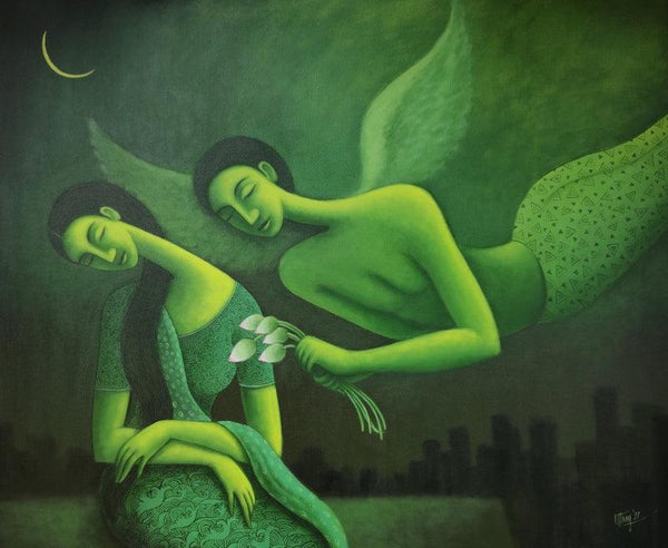 Figurative acrylic painting titled 'Dream Love 2', 30x36 inches, by artist Uttam Bhattacharya on Canvas