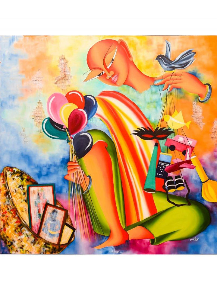 Figurative acrylic painting titled 'Dream merchant', 48x48 inches, by artist Deepali Mundra on Canvas