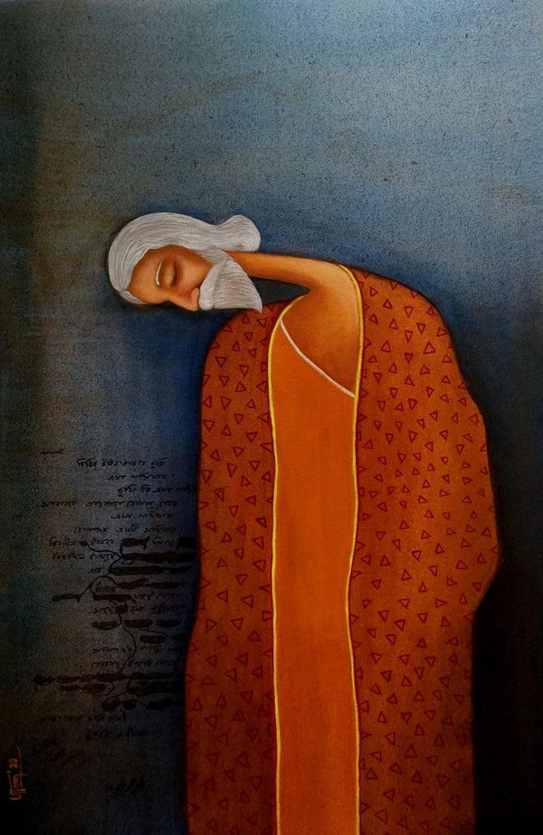 Figurative acrylic painting titled 'Dream Poet', 36x24 inches, by artist Uttam Bhattacharya on Canvas