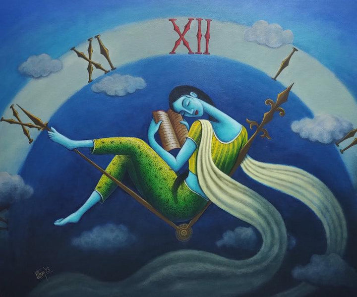 Figurative acrylic painting titled 'Dream Time', 30x36 inches, by artist Uttam Bhattacharya on Canvas