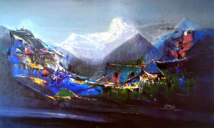 Abstract acrylic painting titled 'Dream Village 2', 36x60 inches, by artist Dnyaneshwar Dhavale on canvas