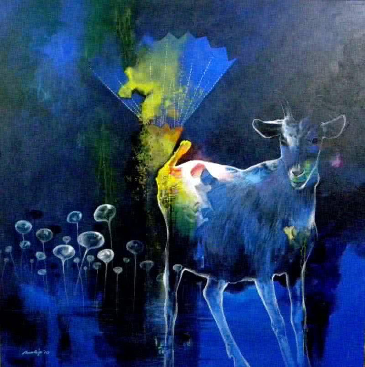 Surrealist acrylic painting titled 'Dream way', 30x30 inches, by artist Pradip Sengupta on Canvas